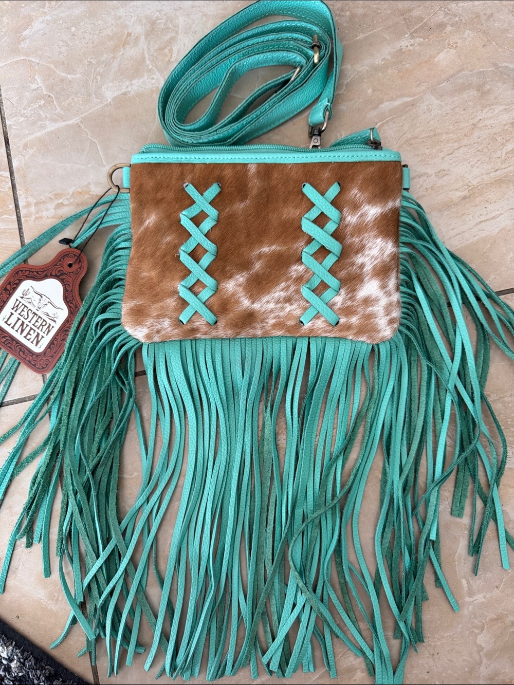 Western Linen Turquoise Fringe Crossbody with Brown Hair-on-Hide Accent